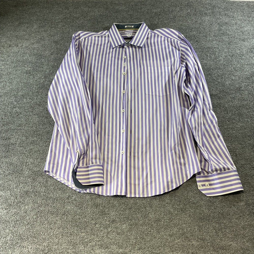 Bugatchi Uomo Mens Large Purple White Striped Shaped Fit Long Sleeve Shirt